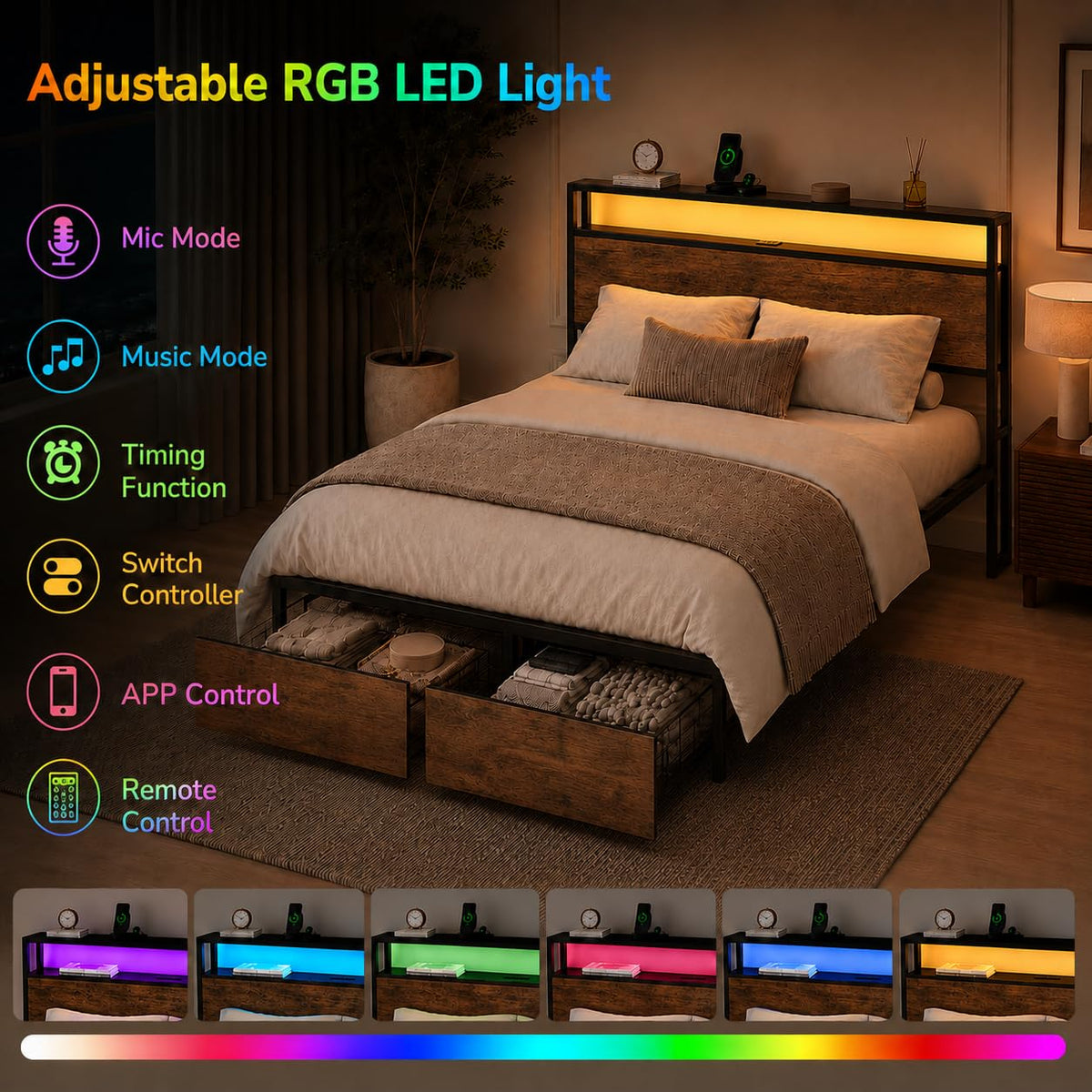 Full Size Bed Frame with Storage Drawers, Headboard, LED Light, Charging Station S131