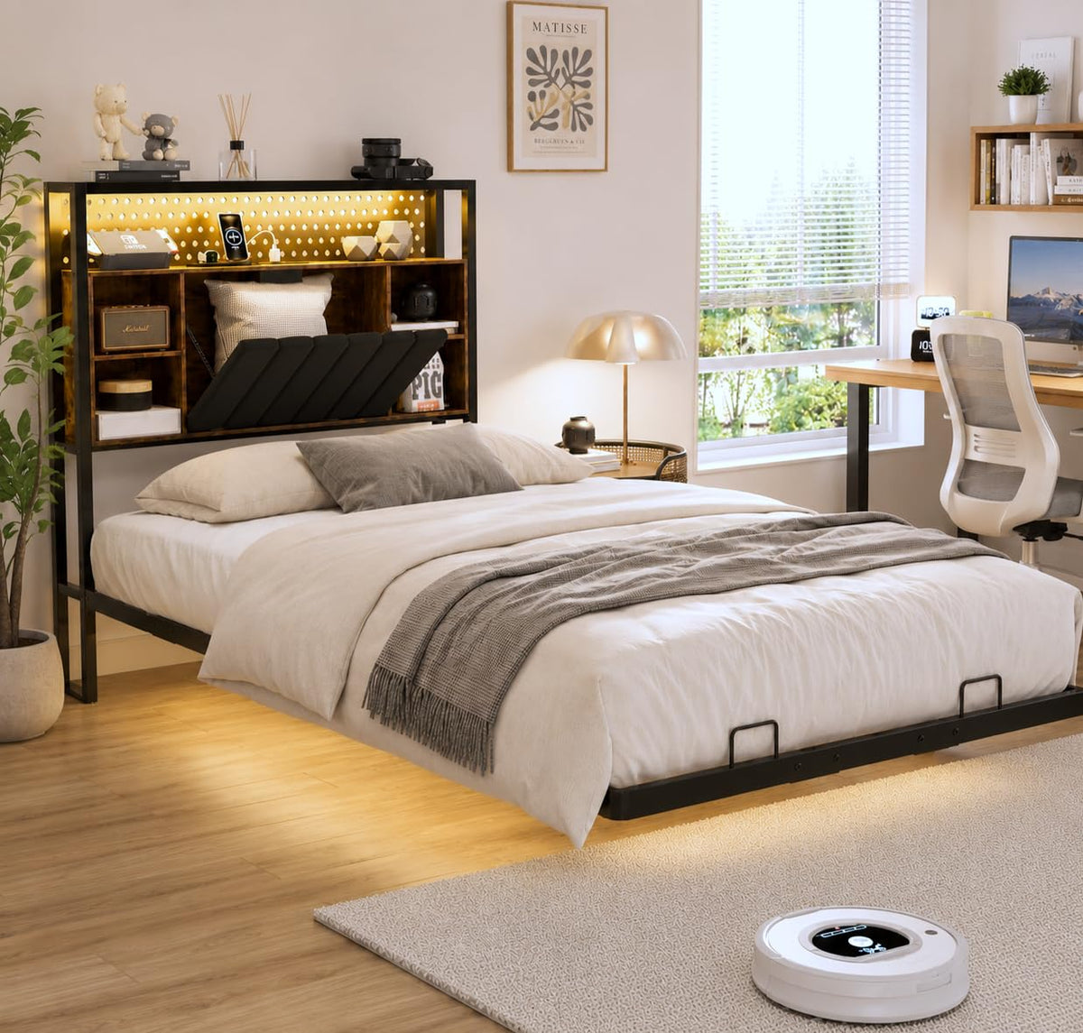 Black Twin Metal Floating Bed Frame with Charging Station and LED Lights I993