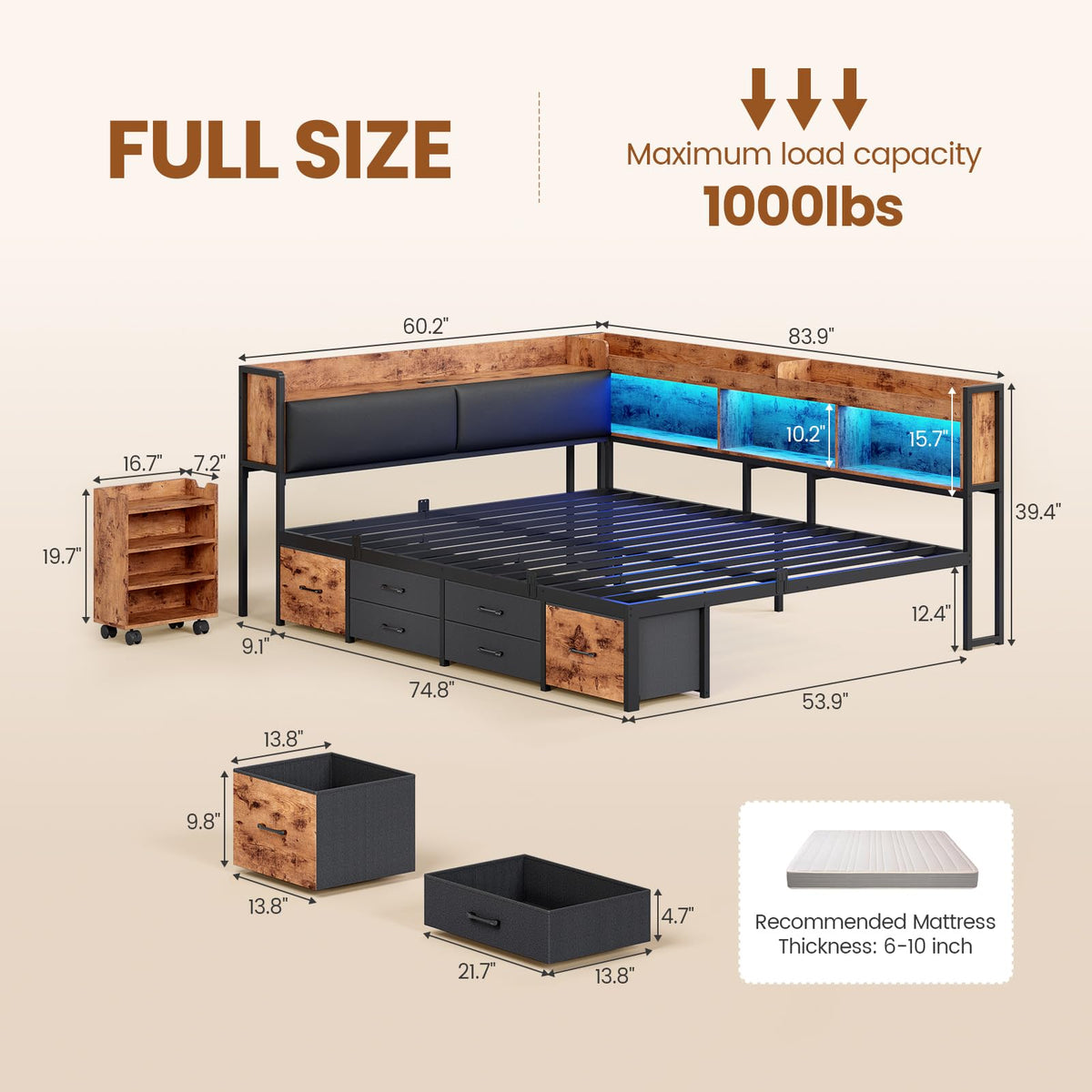 Full Corner Bed Frame with Bookcase Hidden Storage Pull-Out Cabinet Charging Station Q3422