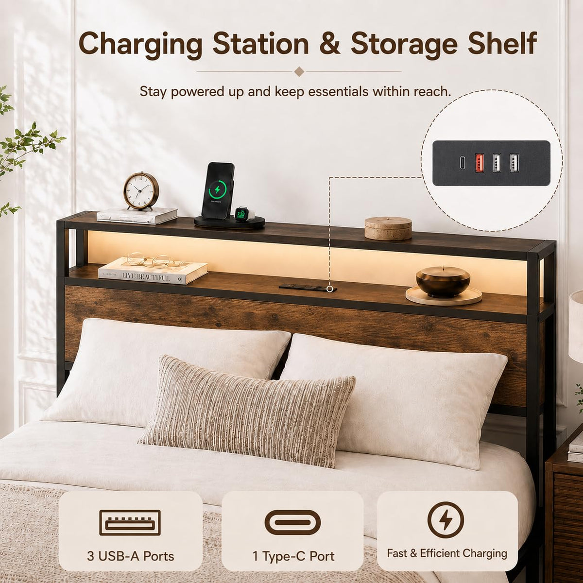 Full Size Bed Frame with Storage Drawers, Headboard, LED Light, Charging Station S131