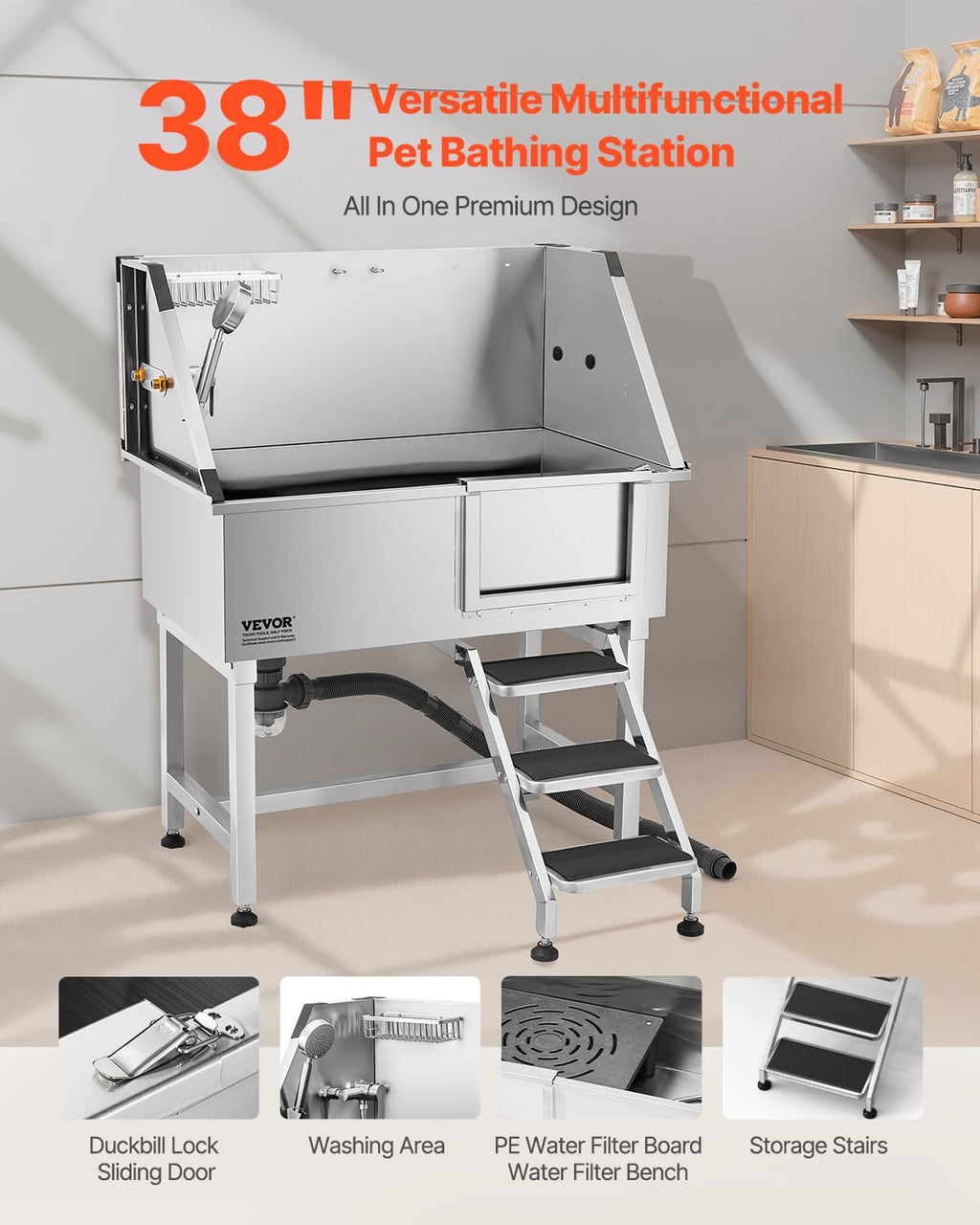 38 Inch Stainless Steel Dog Washing Station with Hot & Cold Faucet Q40013