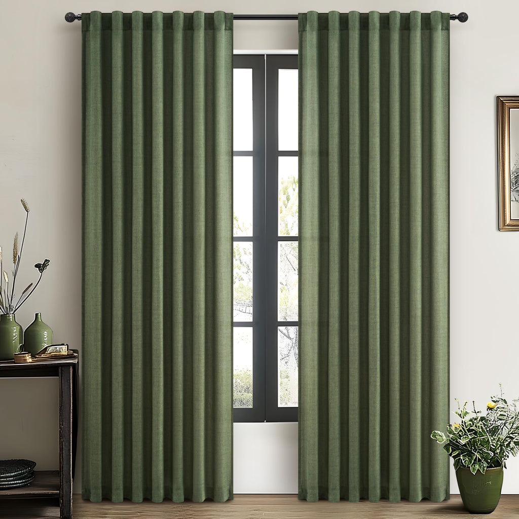Dark Green 96 Inches Long Thick Linen 2 Panels Set Curtains O309713