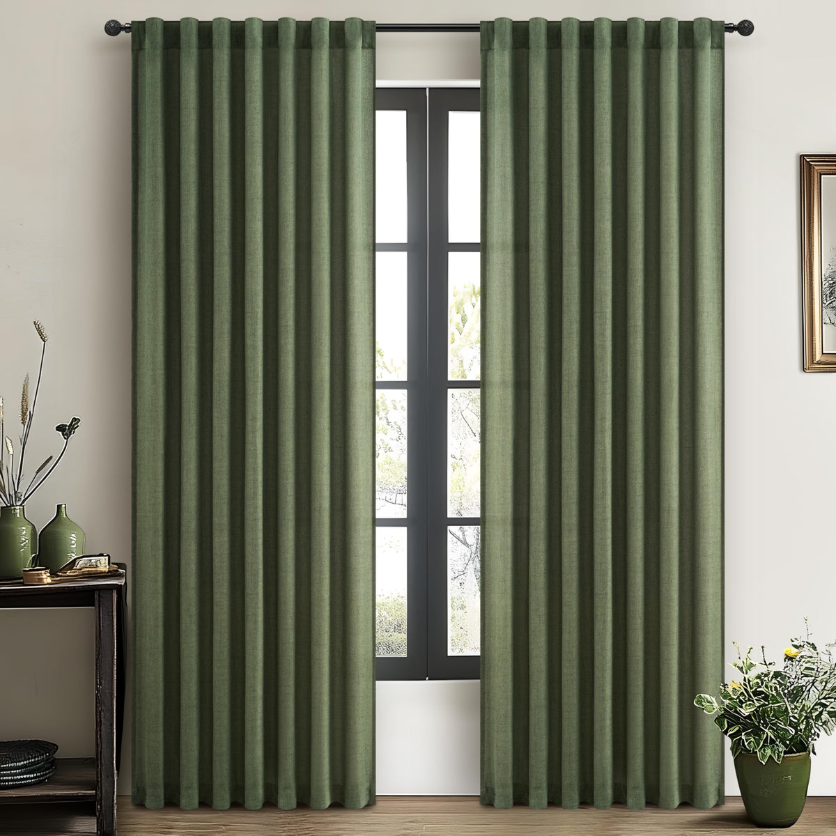 Dark Green 96 Inches Long Thick Linen 2 Panels Set Curtains O309713