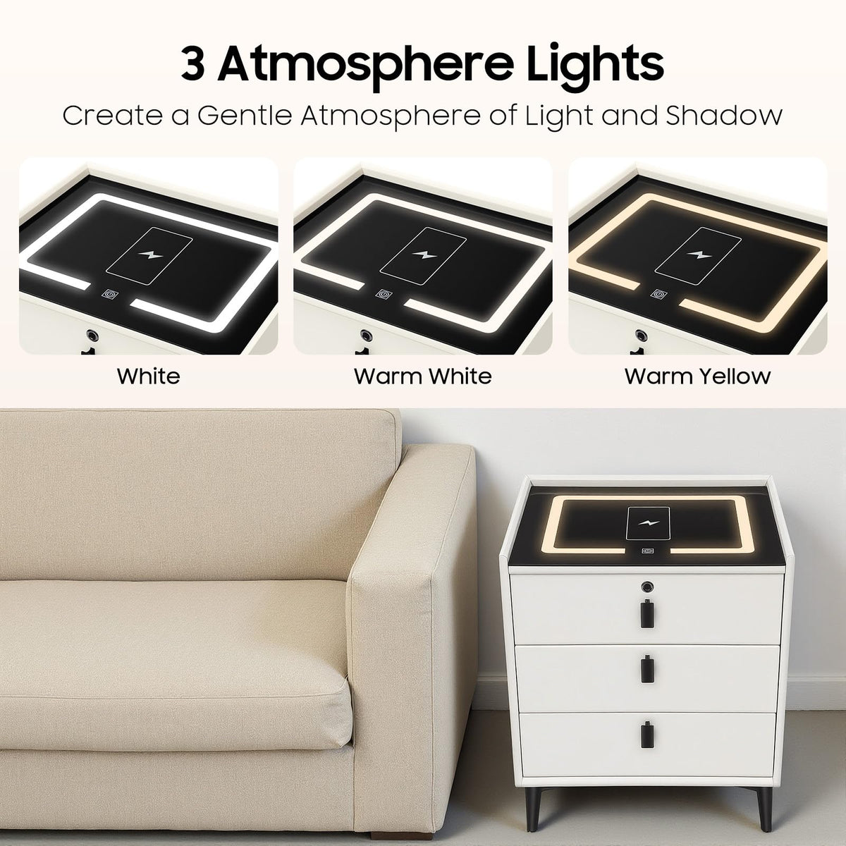 Beige White 3 Drawer Nightstand with Wireless Charging C481