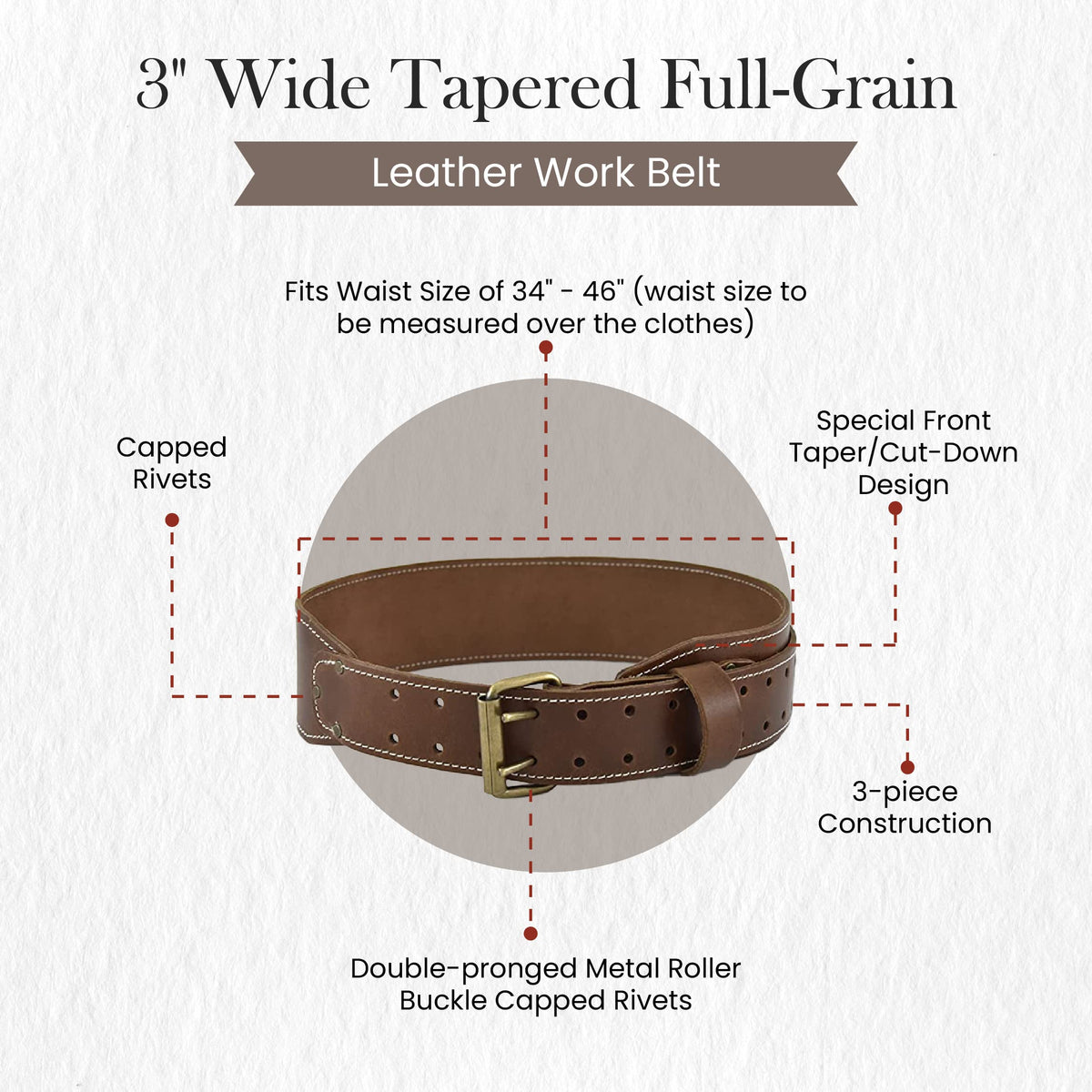 3" Wide Tapered Full-Grain Leather Work Belt D4542
