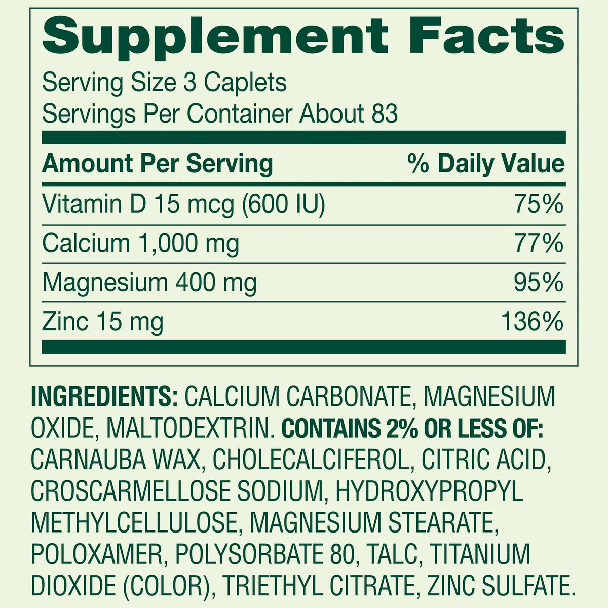 Calcium Magnesium Zinc Vitamin D3 Caplets 250 Count E4009