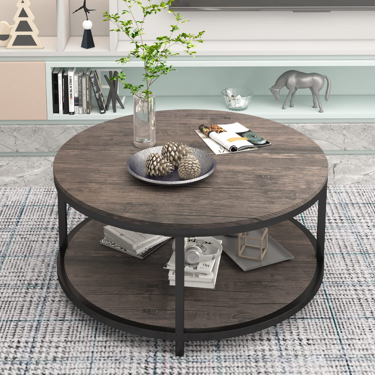 Round 2-Tier Wood Coffee Table with Storage Shelf R5450