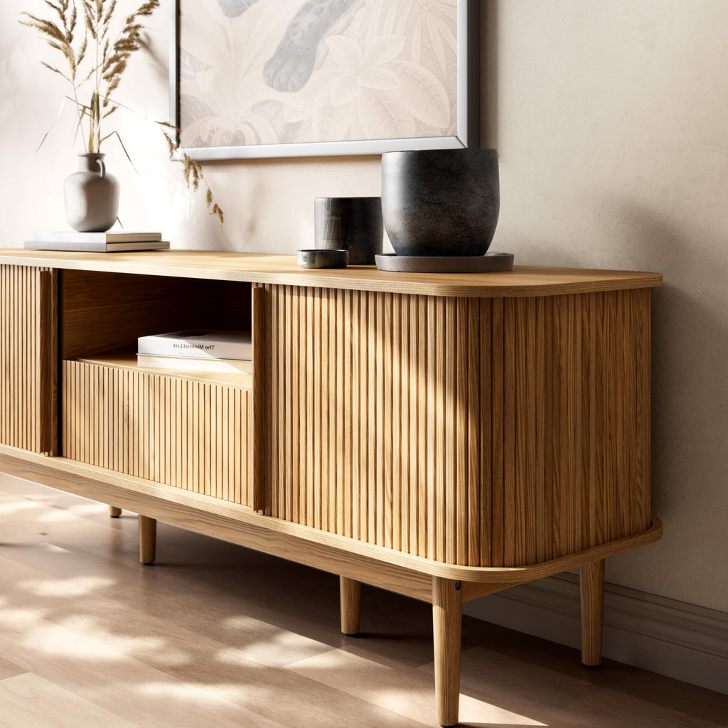 Modern Wood TV Stand with Sliding Doors and Storage H706