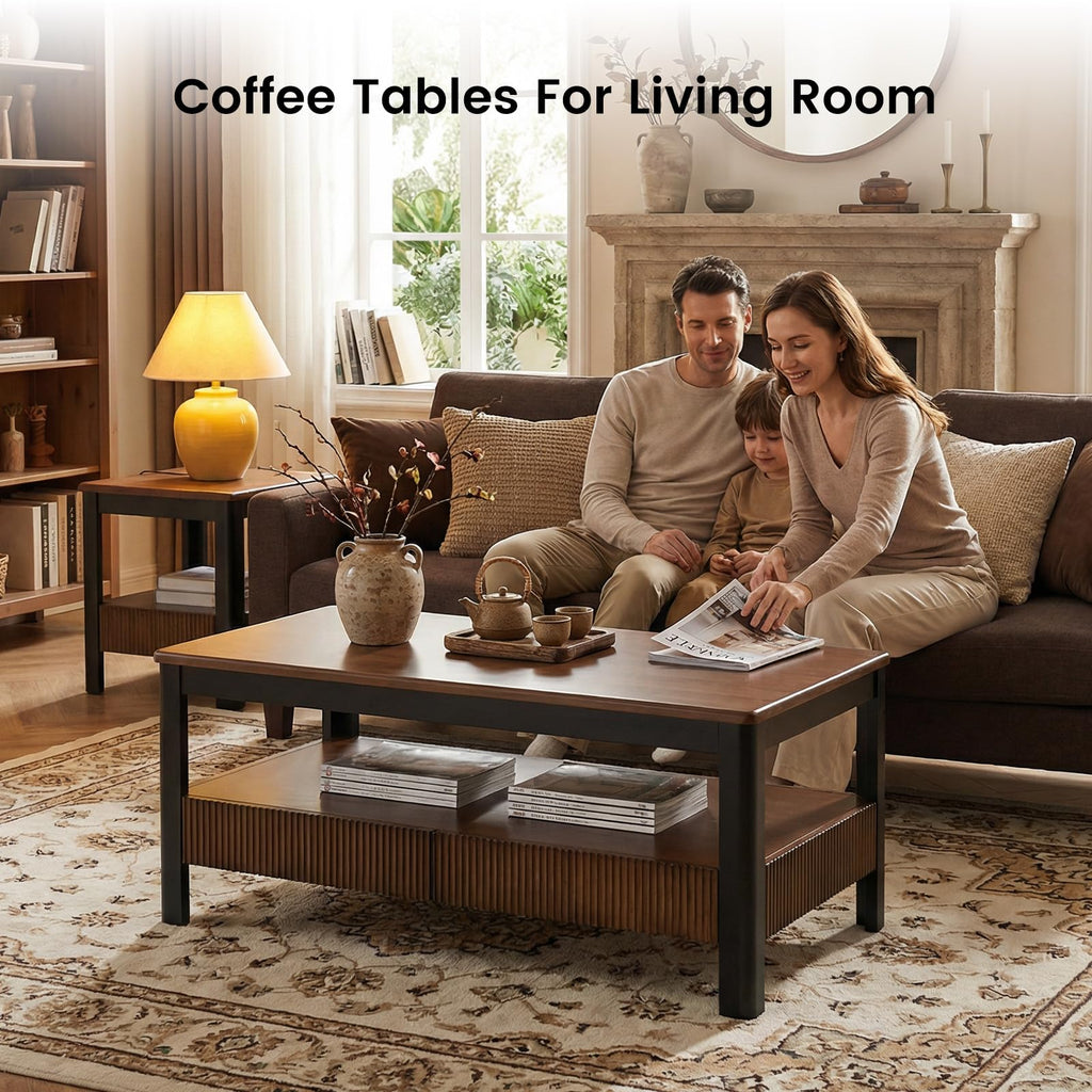 39.4" Walnut Solid Wood Fluted Coffee Table with 2 Drawers B11895