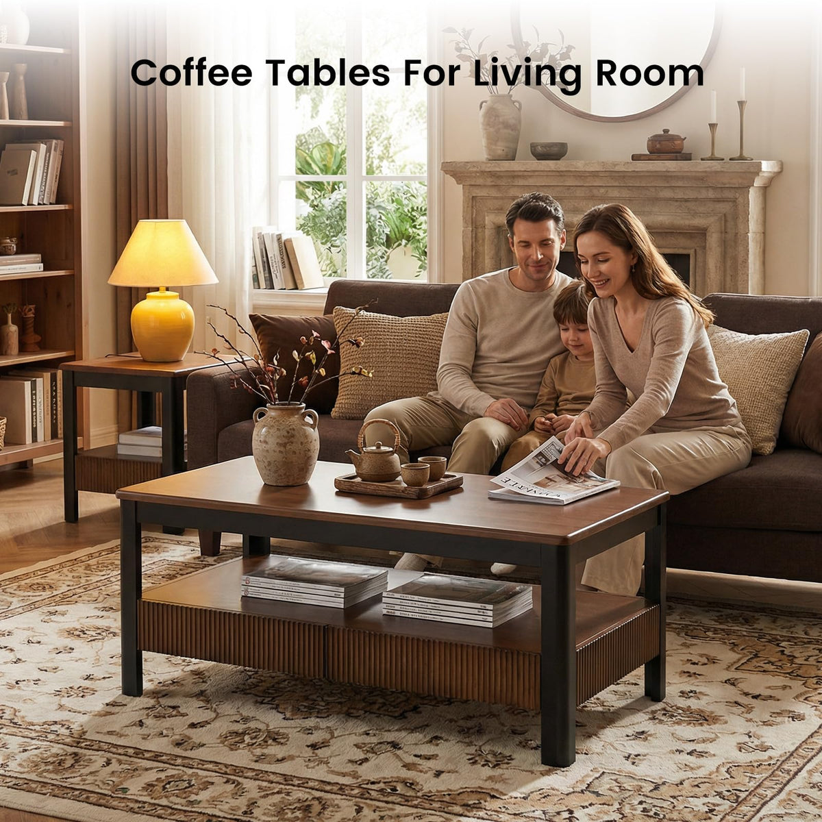 39.4" Walnut Solid Wood Fluted Coffee Table with 2 Drawers B11895