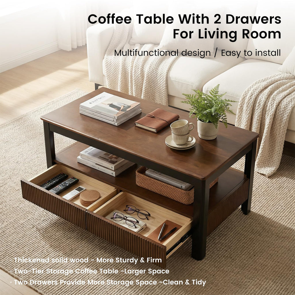 39.4" Walnut Solid Wood Fluted Coffee Table with 2 Drawers B11895