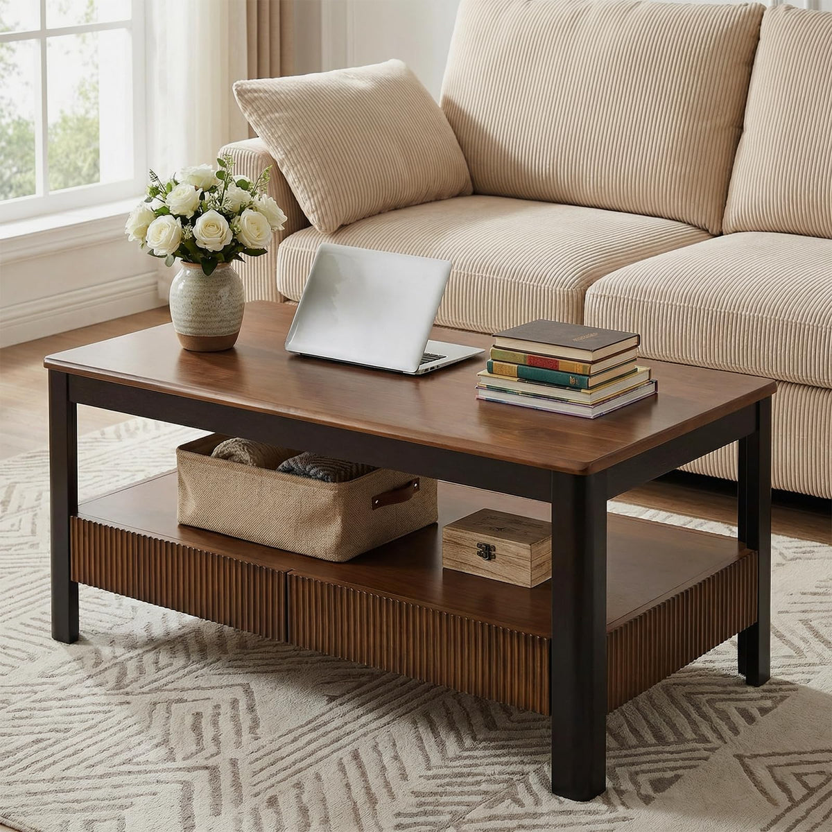 39.4" Walnut Solid Wood Fluted Coffee Table with 2 Drawers B11895