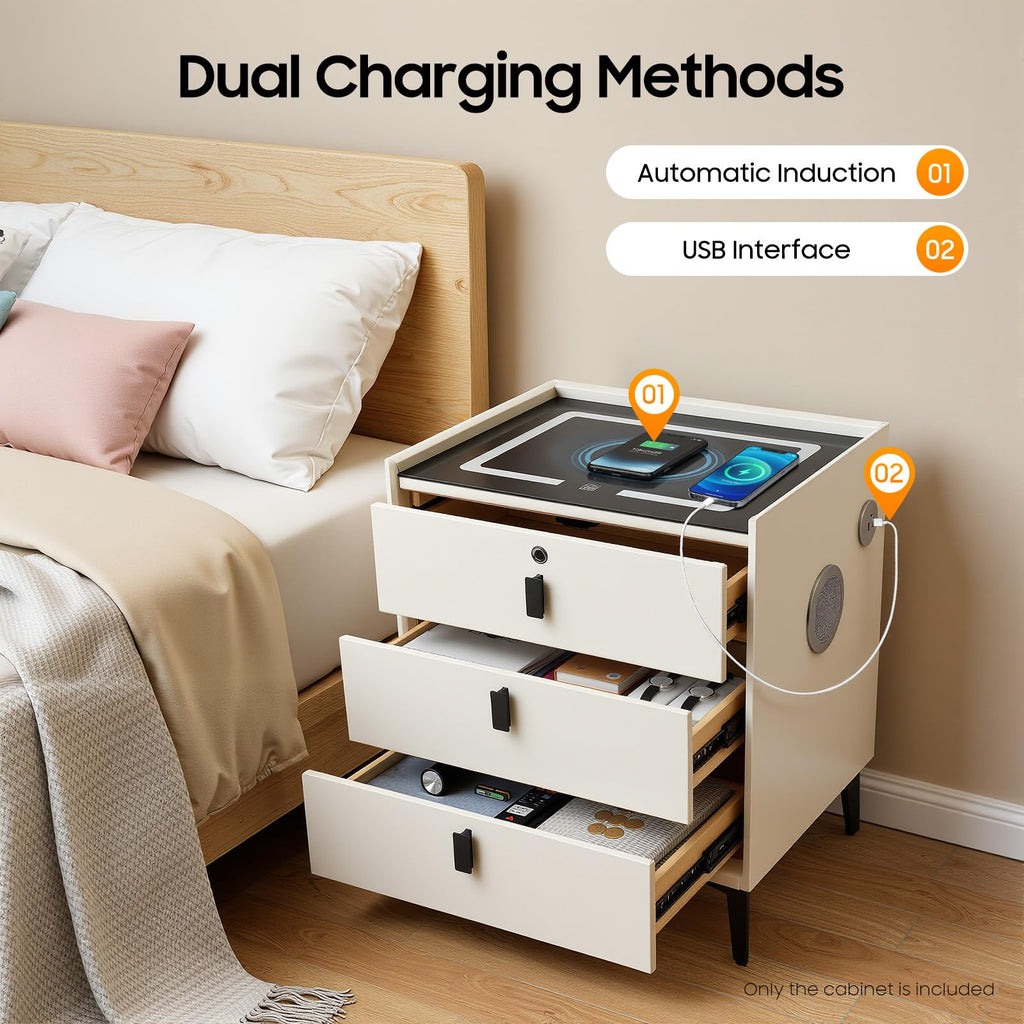 Beige White 3 Drawer Nightstand with Wireless Charging C481
