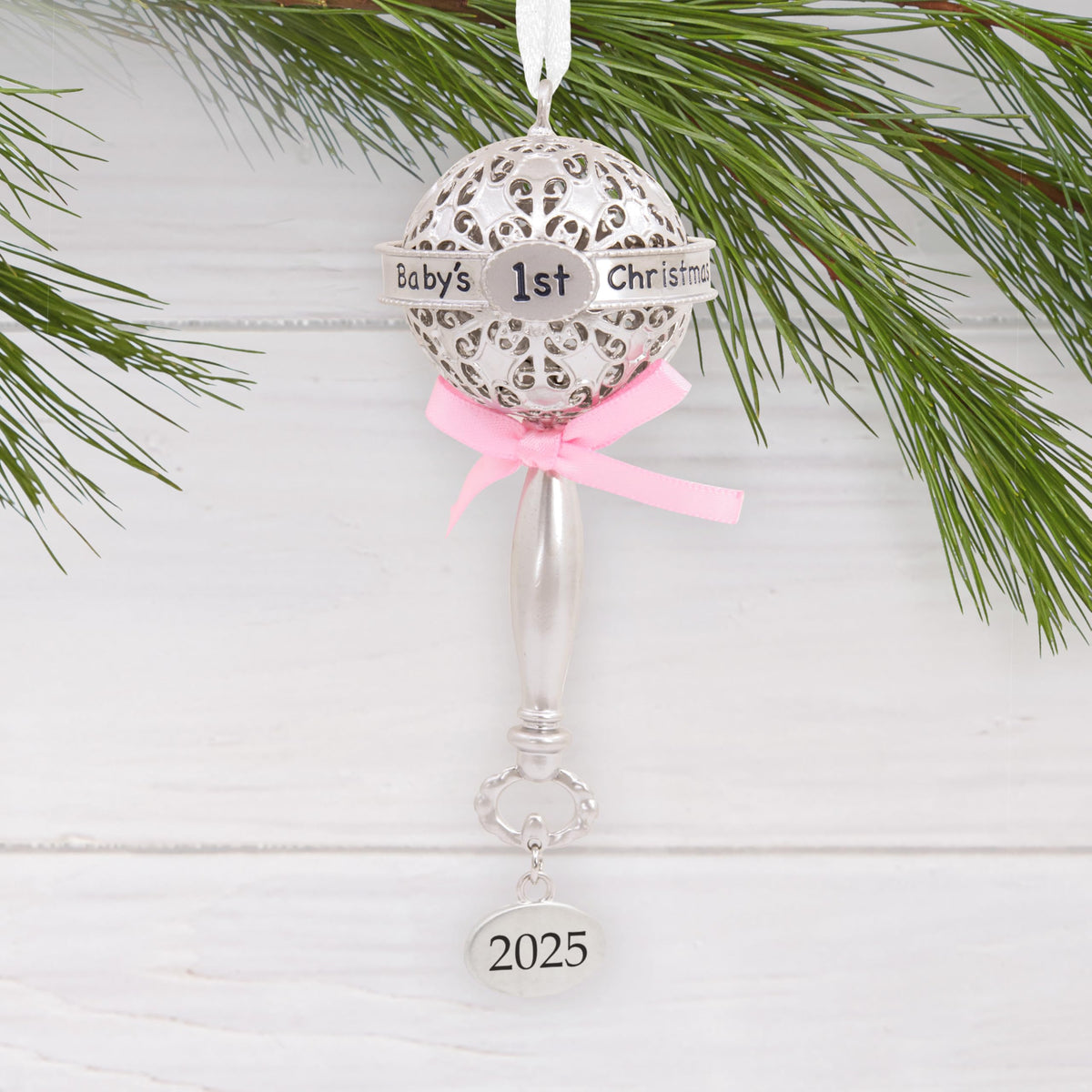 Silver Rattle with Pink Ribbon Christmas Ornament Y83592