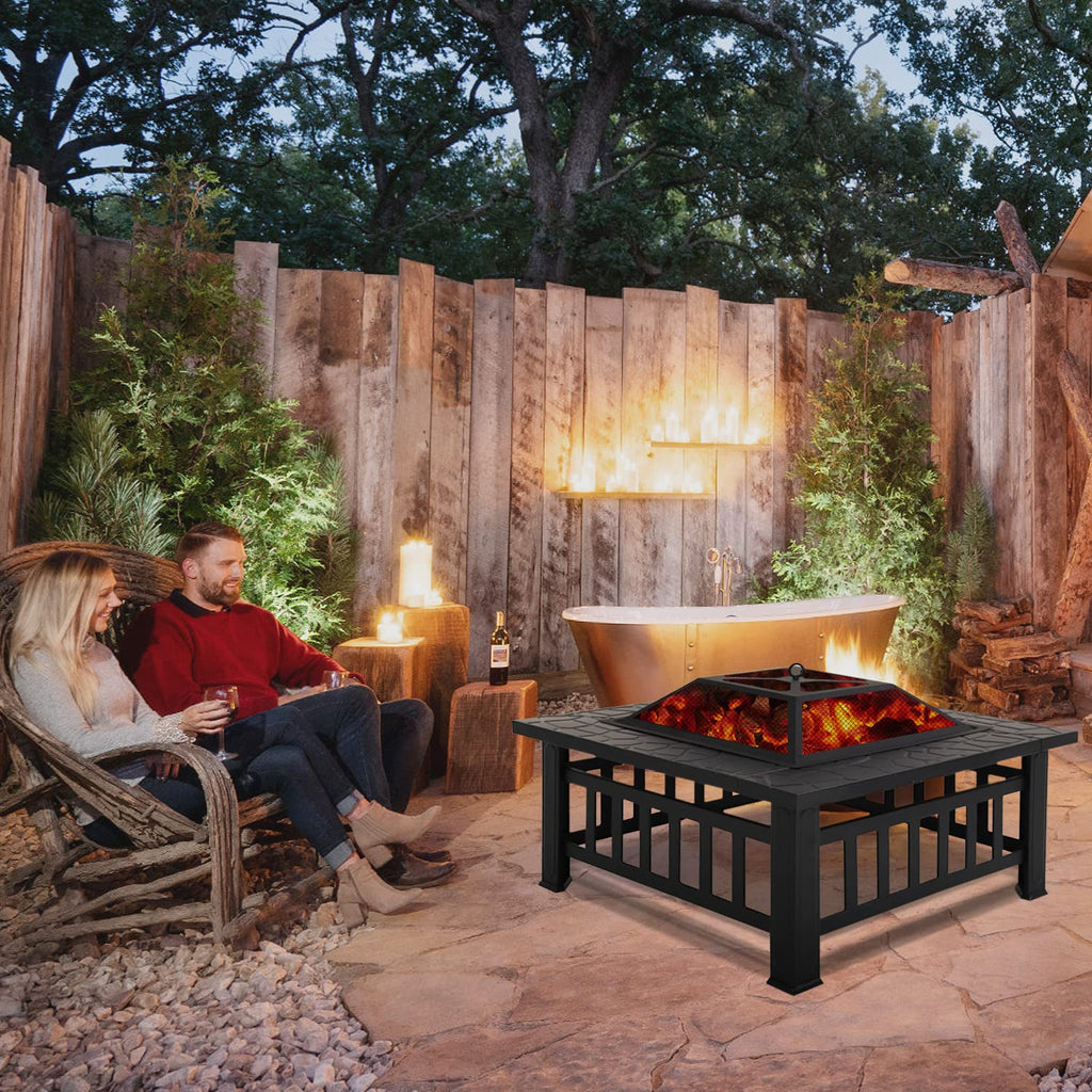 32" Square Wood Burning Fire Pit Table with Spark Screen C886907