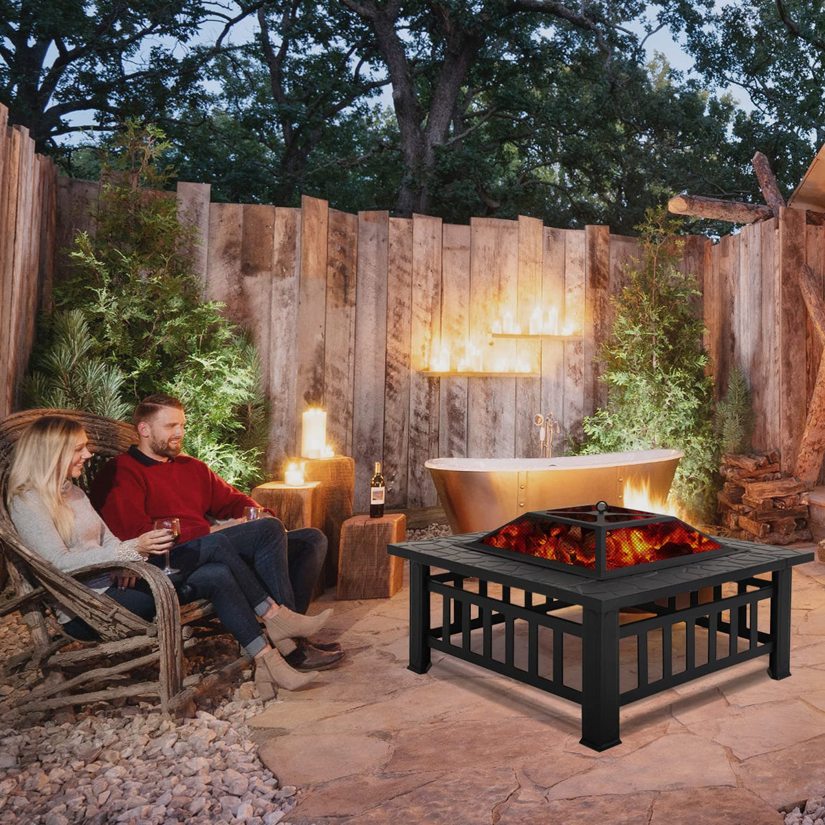 32" Square Wood Burning Fire Pit Table with Spark Screen C886907