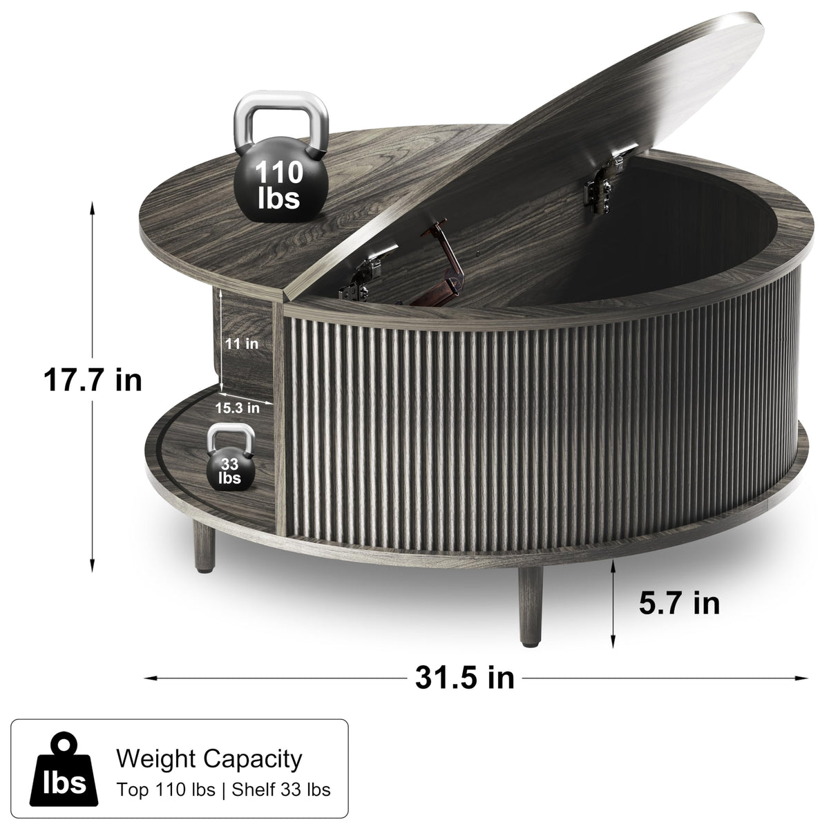 Round Coffee Table, 31.5" Lift-Top with Storage, Grey B9419