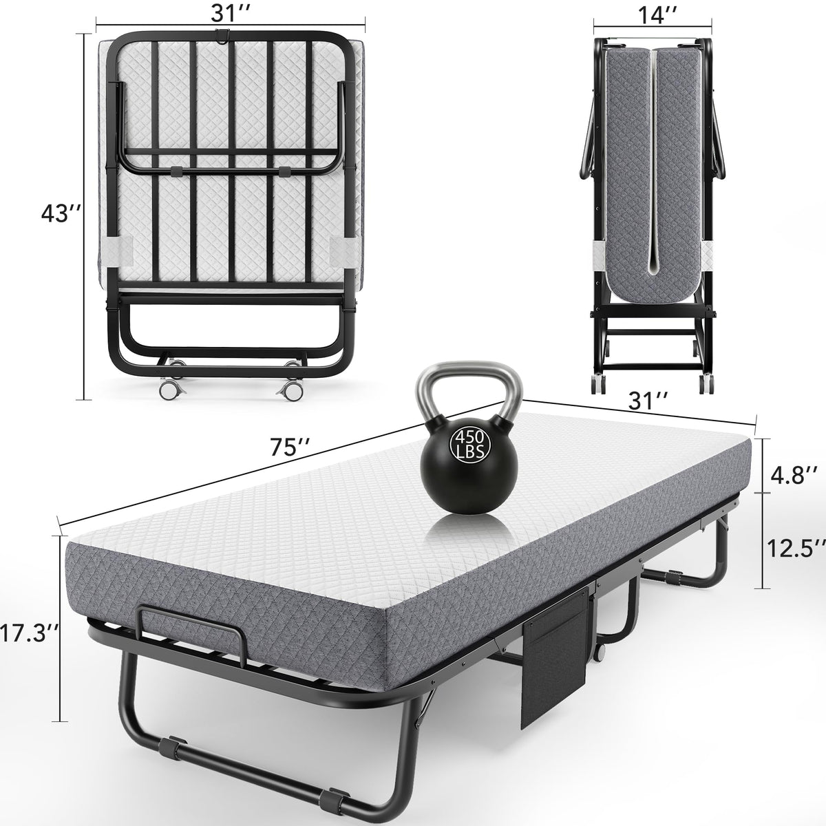 Folding Bed with Movable Wheels 75" x 31" C52641