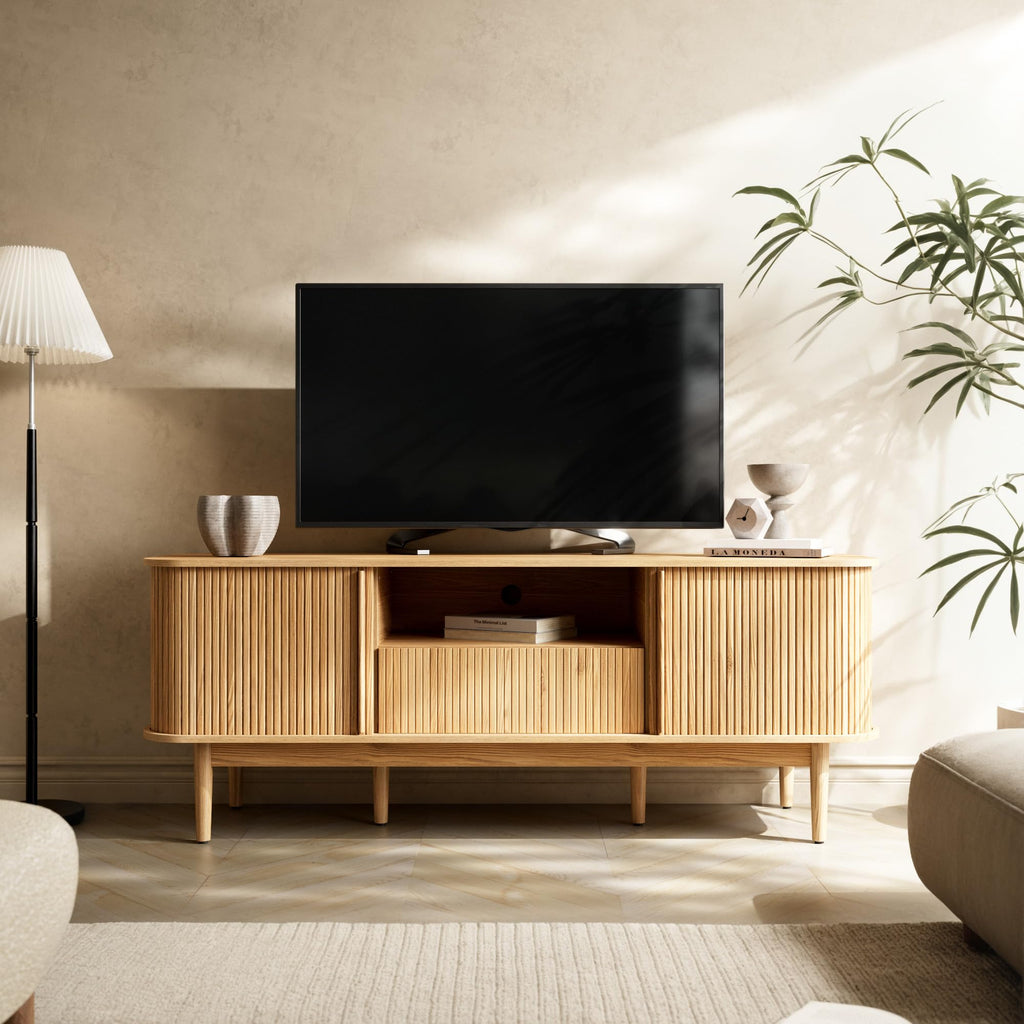 Modern Wood TV Stand with Sliding Doors and Storage H706