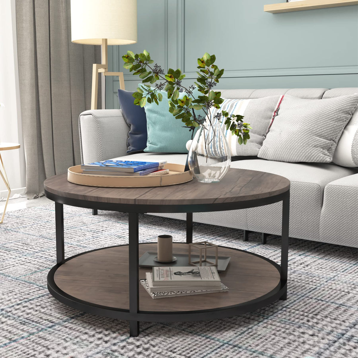 Round 2-Tier Wood Coffee Table with Storage Shelf R5450