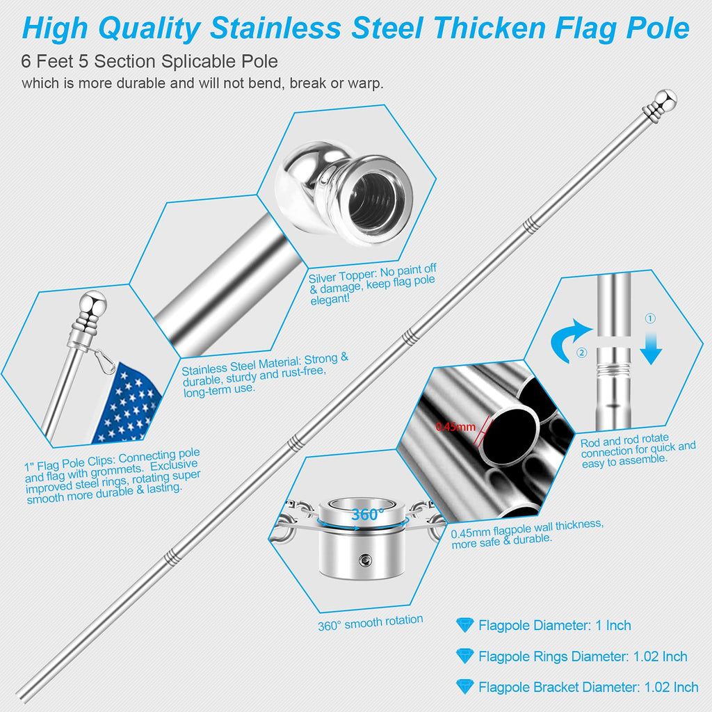Silver 6 FT Metal Flagpole Kit and 304 Stainless Steel Flagpole Clips Z887394