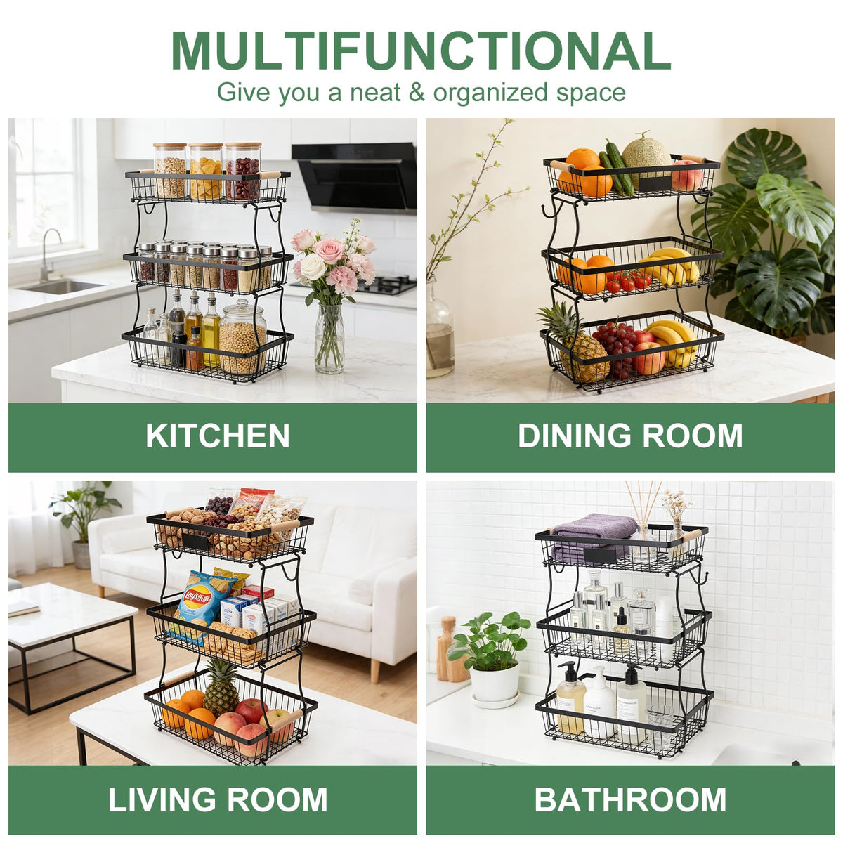 3 Tier Black Mesh Fruit Basket with 2 Banana Hangers Z4901