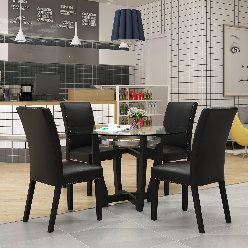 48" Glass Dining Table Set with 4 PU Leather Chairs Y2854