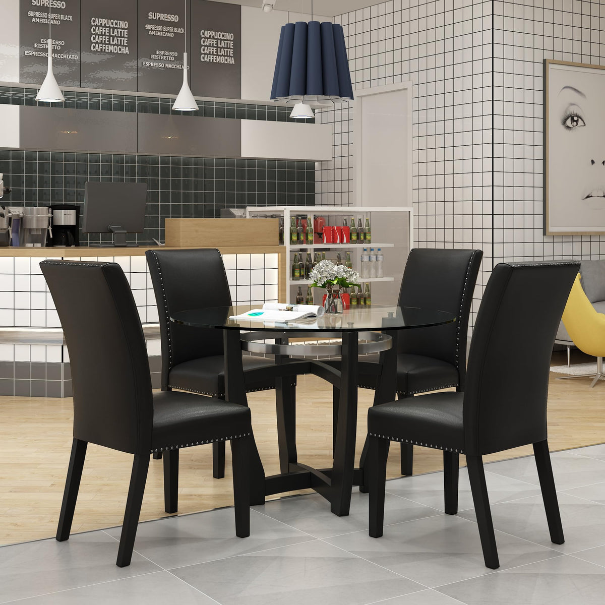 48" Glass Dining Table Set with 4 PU Leather Chairs Y2854