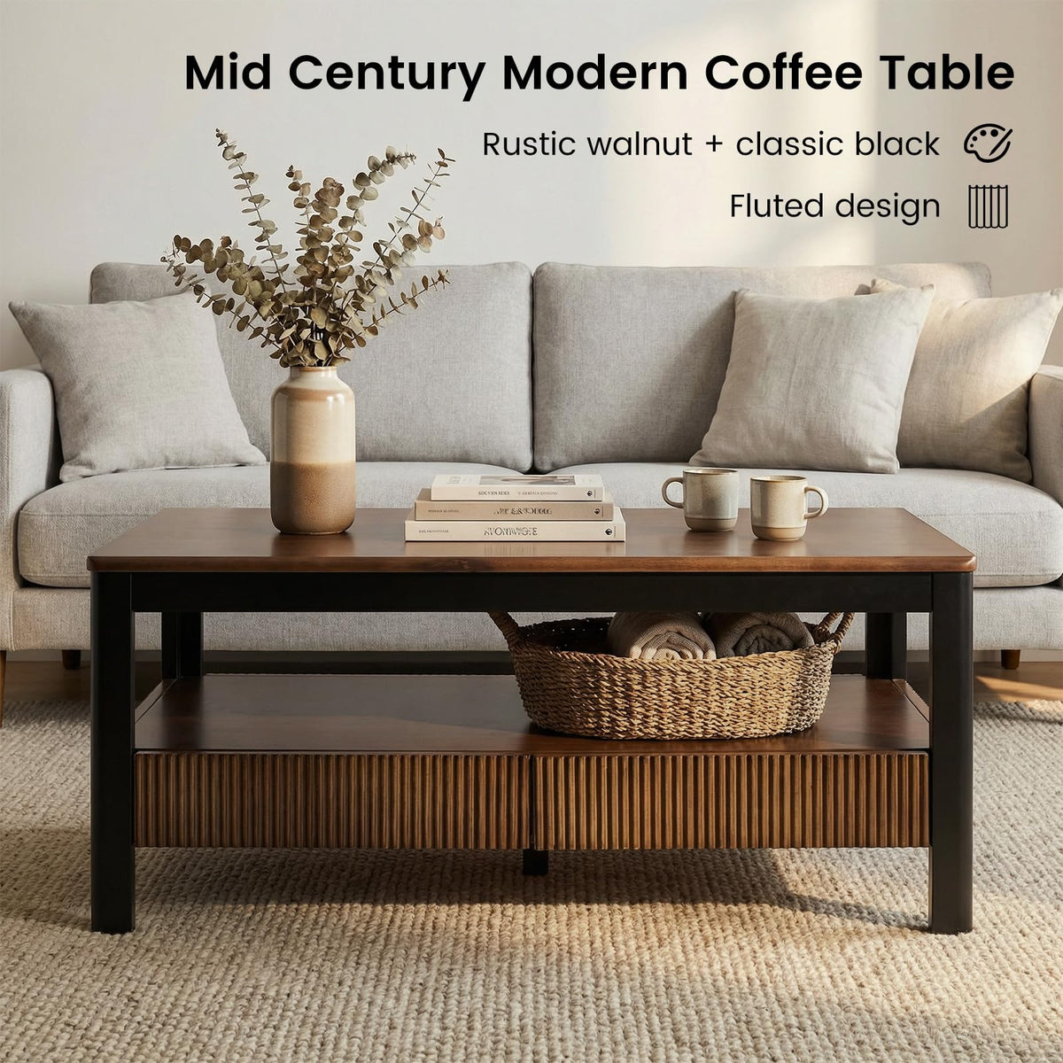 39.4" Walnut Solid Wood Fluted Coffee Table with 2 Drawers B11895
