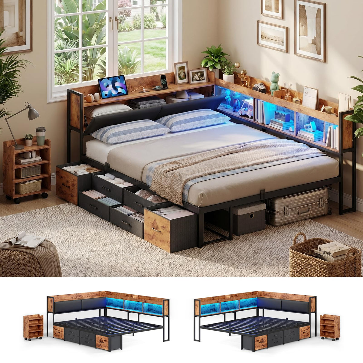 Full Corner Bed Frame with Bookcase Hidden Storage Pull-Out Cabinet Charging Station Q3422