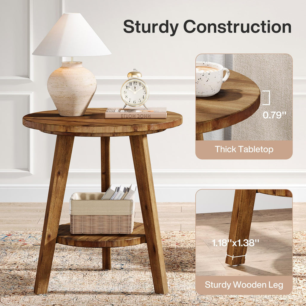 Solid Wood Round End Table with Storage Shelf L1774
