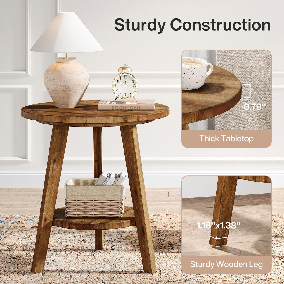Solid Wood Round End Table with Storage Shelf L1774