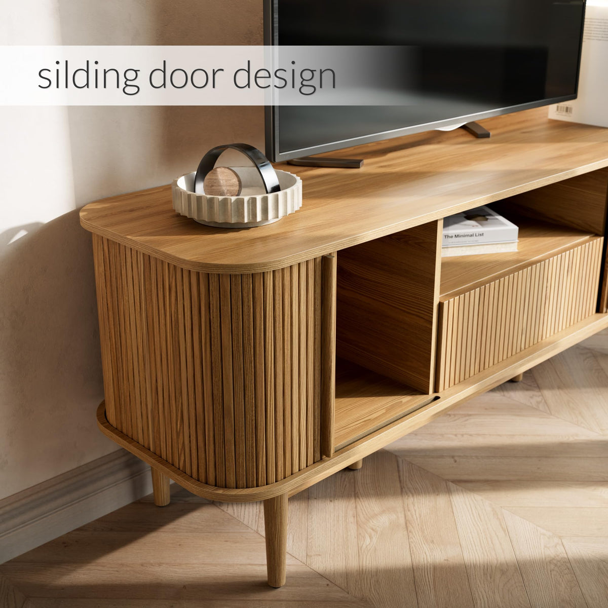 Modern Wood TV Stand with Sliding Doors and Storage H706