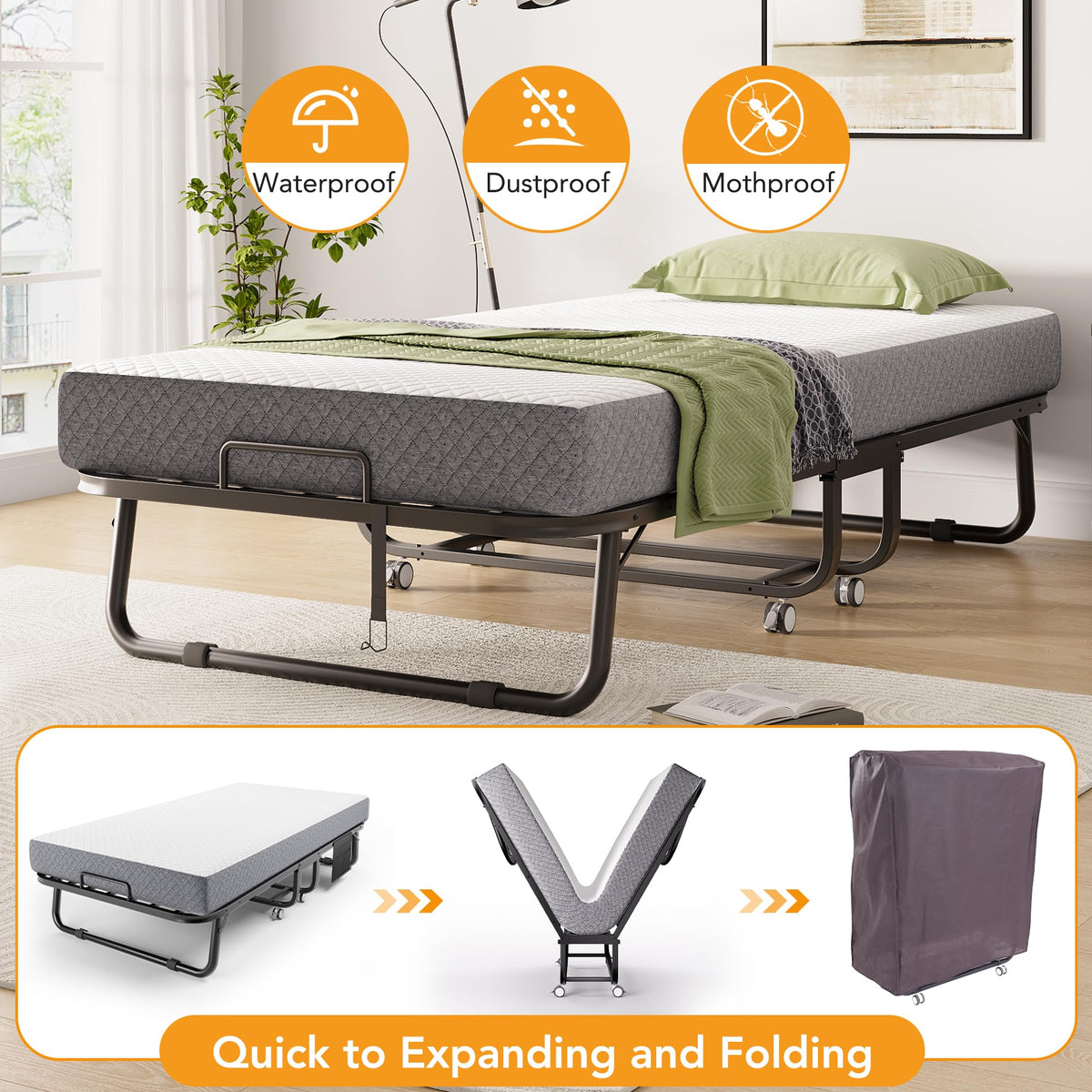 Folding Bed with Movable Wheels 75" x 31" C52641