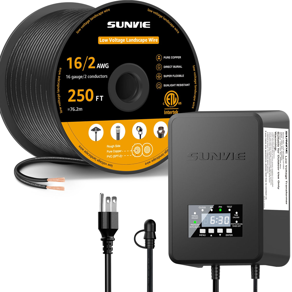 250FT 16/2 Low Voltage Landscape Wire and 200W Transformer E66015