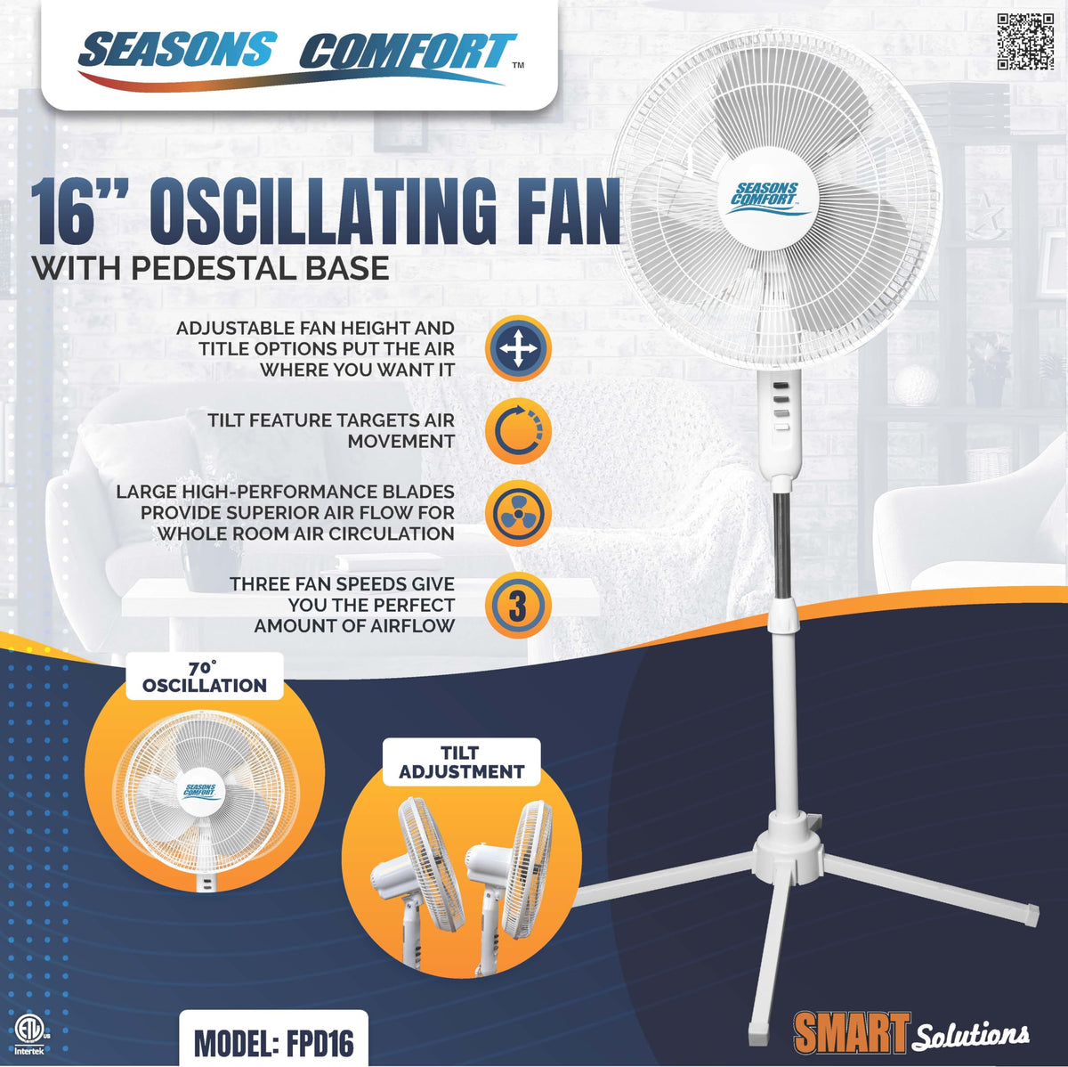 16 Inch Oscillating Pedestal Fan White 3 Speeds Adjustable Height D504959