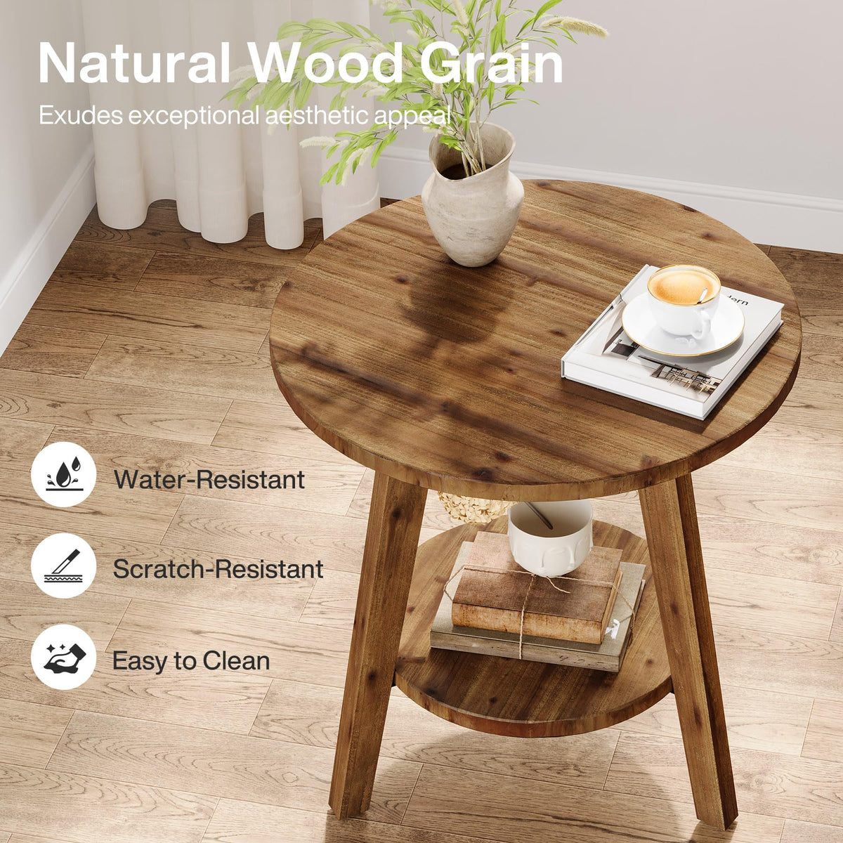 Solid Wood Round End Table with Storage Shelf L1774