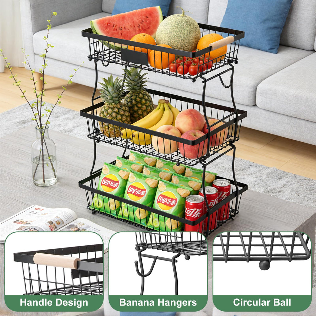 3 Tier Black Mesh Fruit Basket with 2 Banana Hangers Z4901