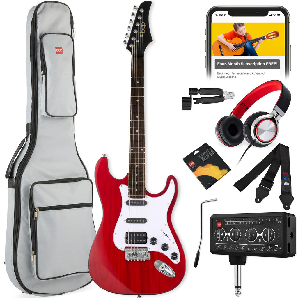 Cherry Red White Electric Guitar Kit with Headphone Amp Q8450