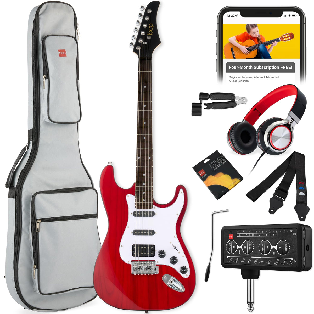 Cherry Red White Electric Guitar Kit with Headphone Amp Q8450