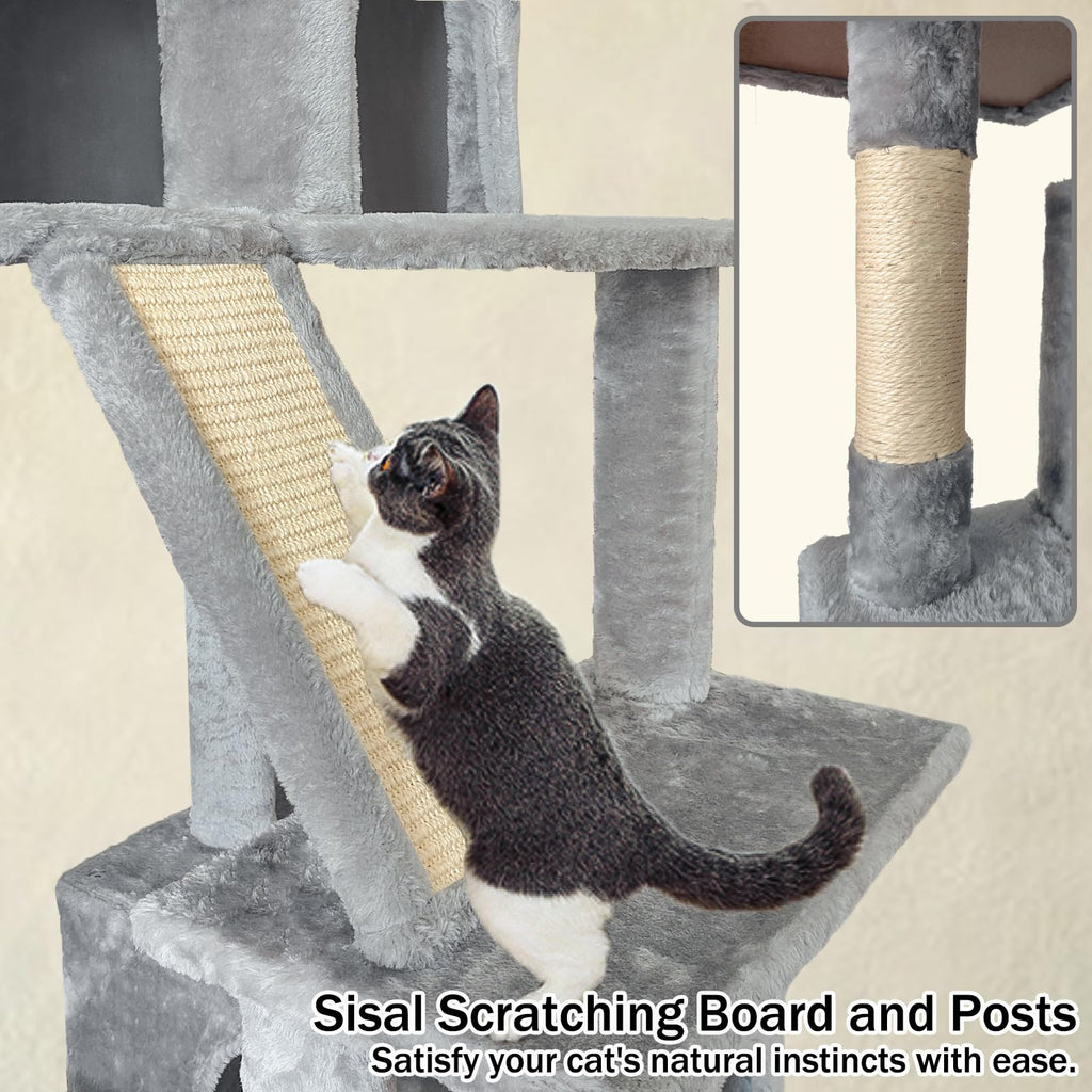 70" Light Gray Cat Tree Tower with Sisal Scratching Post V35385