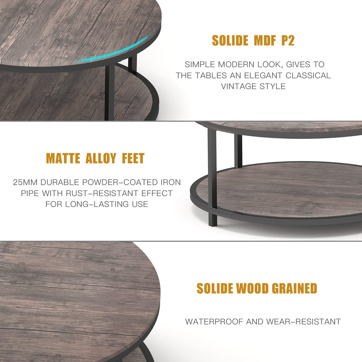 Round 2-Tier Wood Coffee Table with Storage Shelf R5450