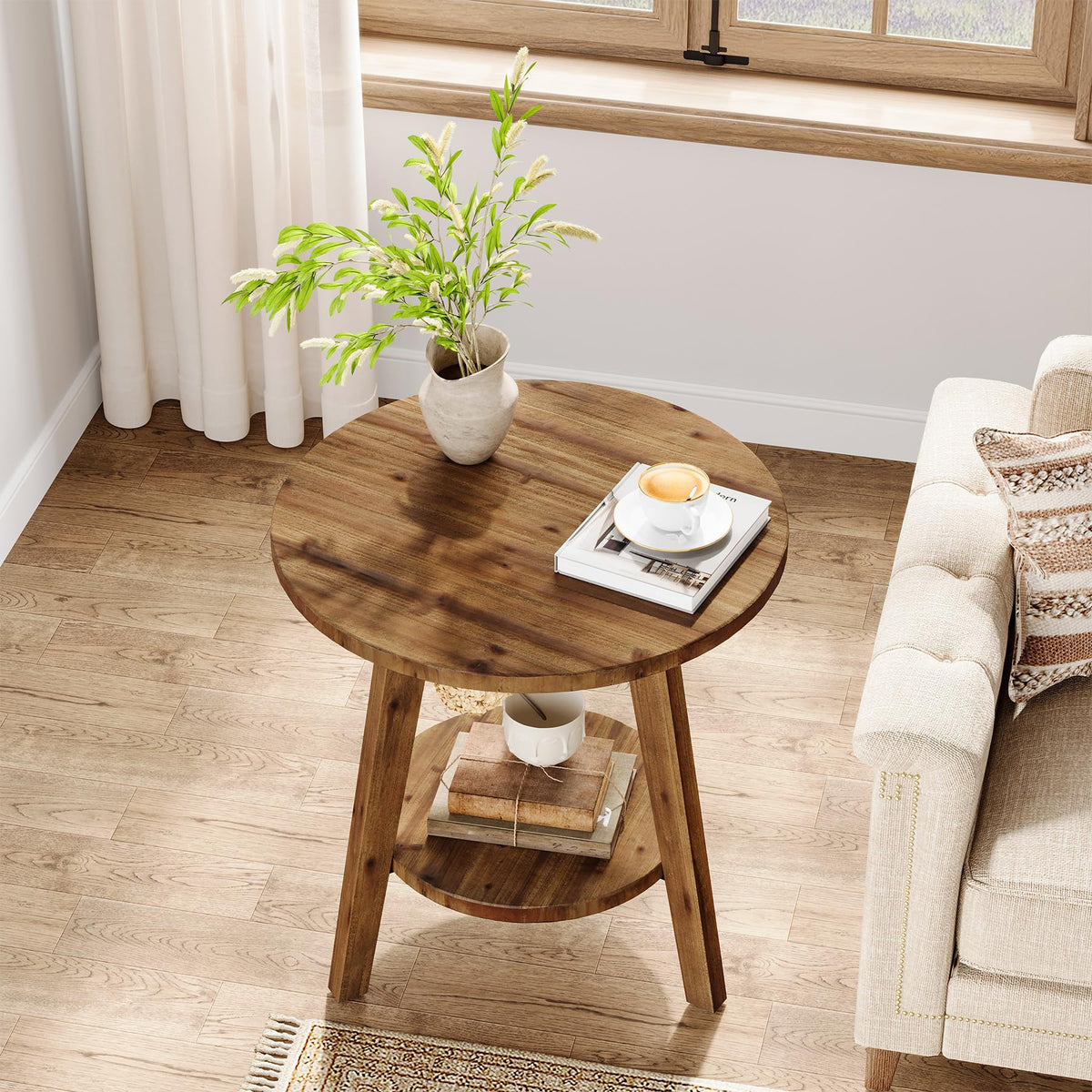 Solid Wood Round End Table with Storage Shelf L1774
