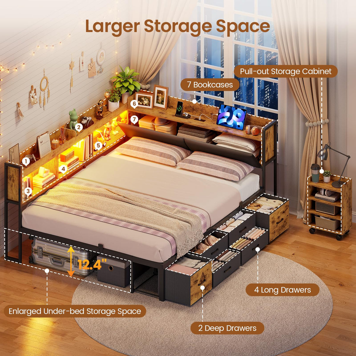 Full Corner Bed Frame with Bookcase Hidden Storage Pull-Out Cabinet Charging Station Q3422