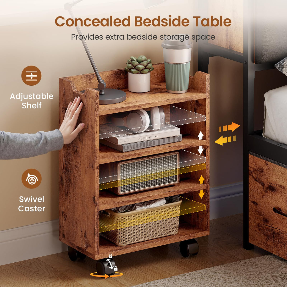 Full Corner Bed Frame with Bookcase Hidden Storage Pull-Out Cabinet Charging Station Q3422