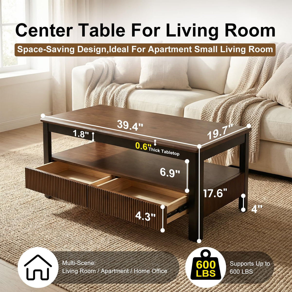 39.4" Walnut Solid Wood Fluted Coffee Table with 2 Drawers B11895