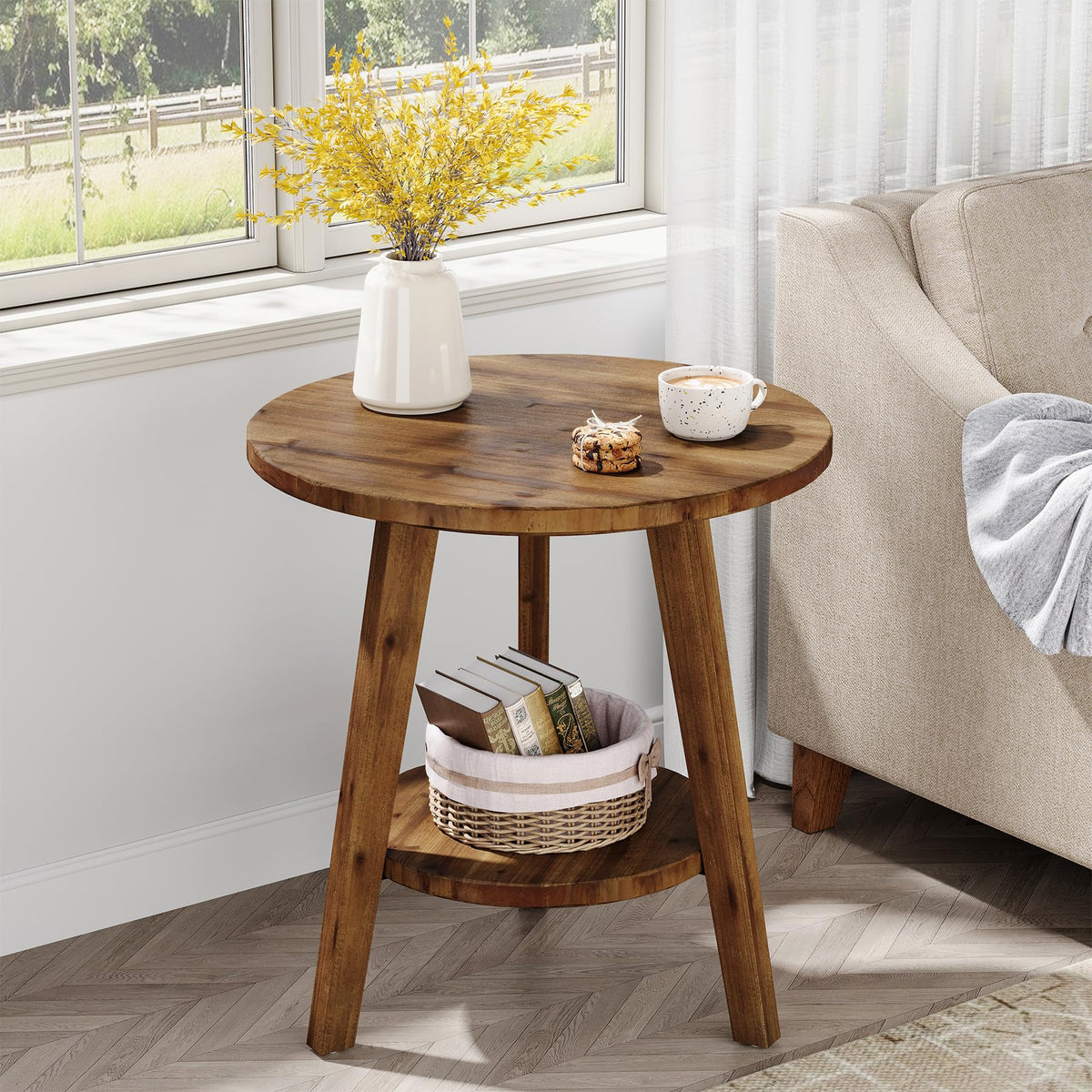 Solid Wood Round End Table with Storage Shelf L1774