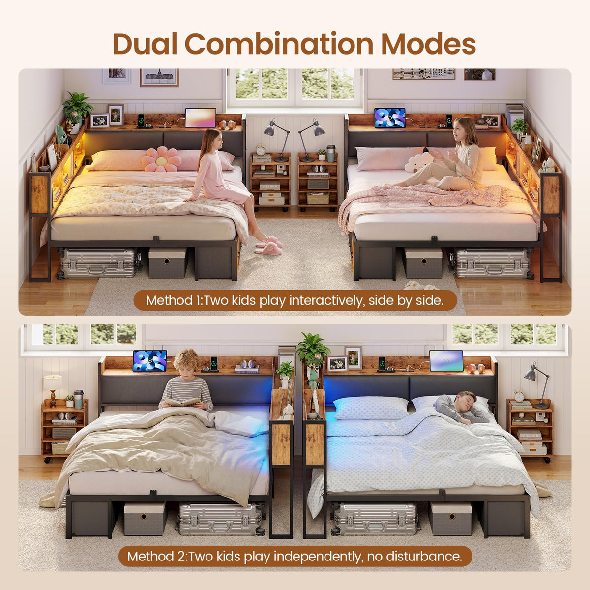 Full Corner Bed Frame with Bookcase Hidden Storage Pull-Out Cabinet Charging Station Q3422