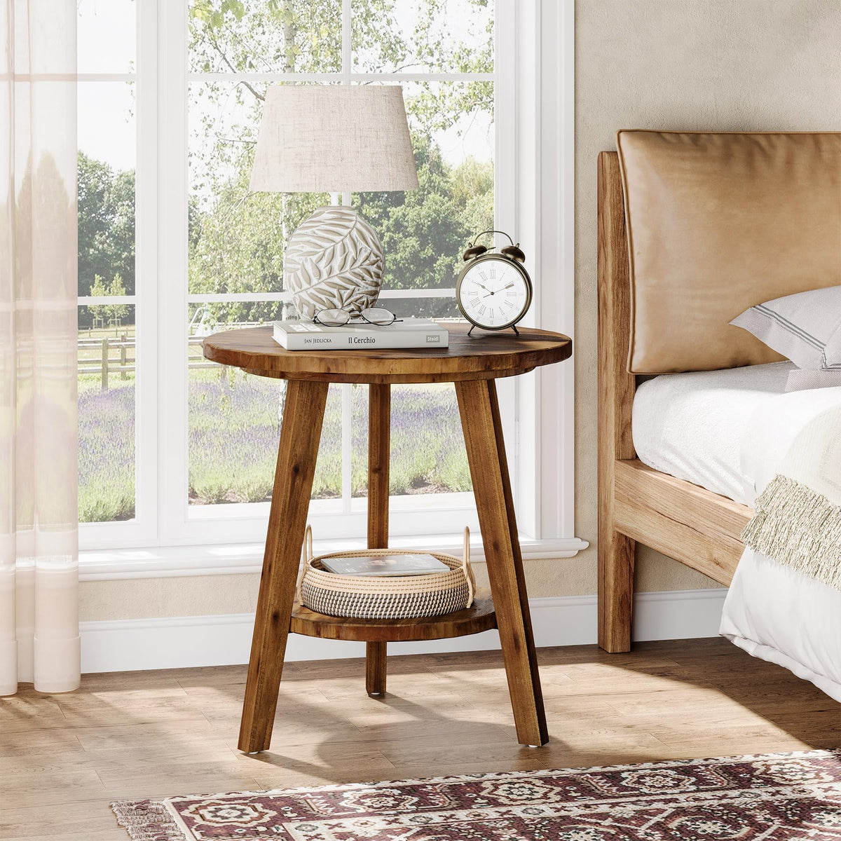 Solid Wood Round End Table with Storage Shelf L1774