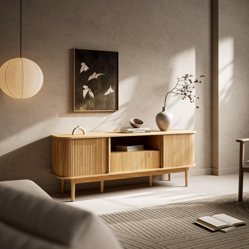 Modern Wood TV Stand with Sliding Doors and Storage H706